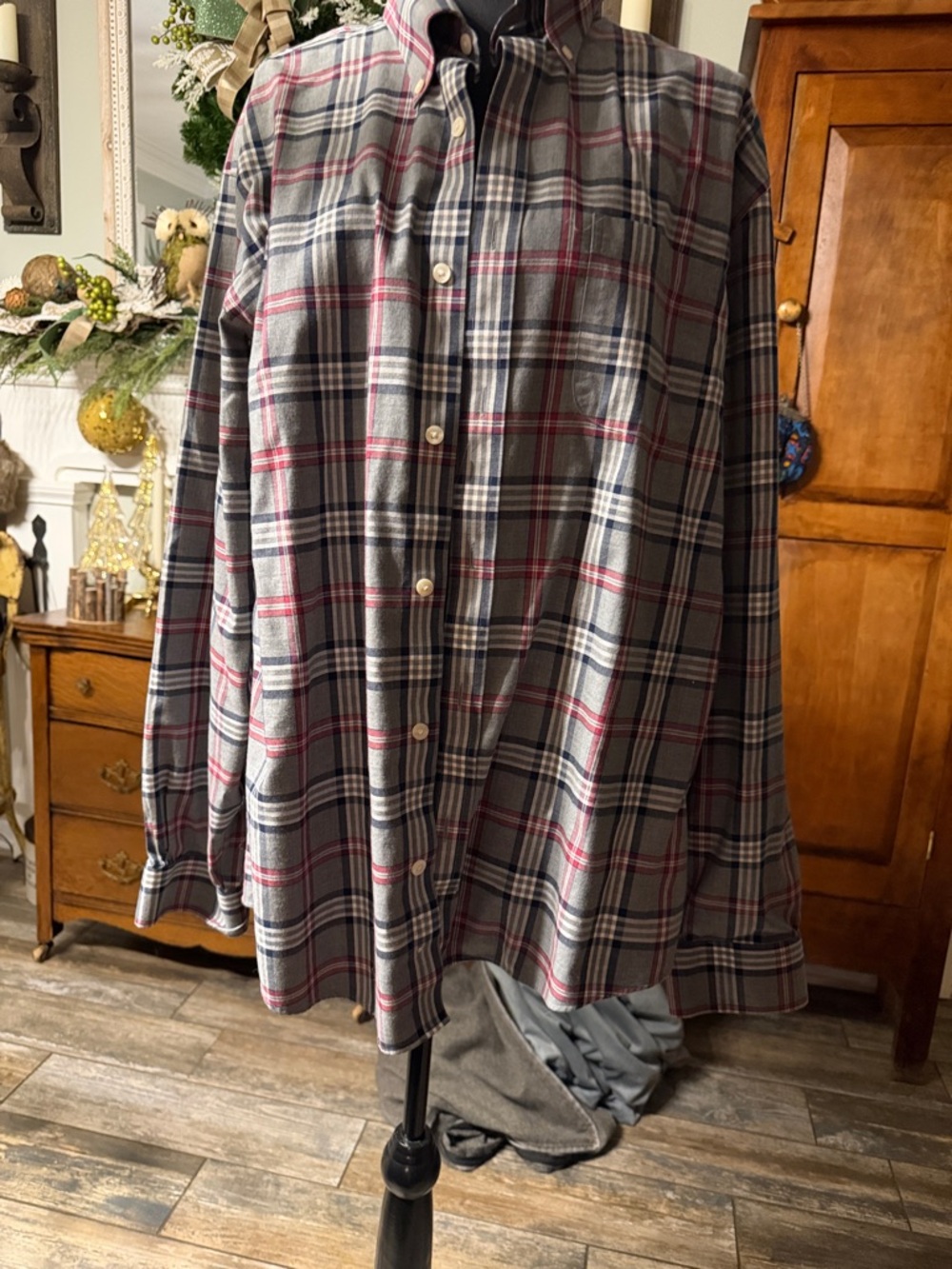 Brooks Brothers Gray Plaid Button-Down Shirt with Red and Navy Accents